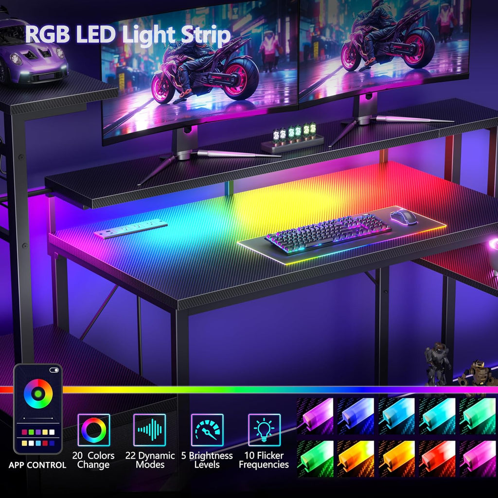 48" Gaming Desk with Power Outlet, LED, Drawers, Carbon Fiber Black | Reversible,Computer Desk, Gamer Table, with