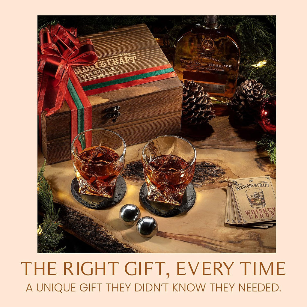 Crystal Whiskey Decanter Set 24oz With Glasses & Chilling Stones - Features Stainless Steel Whiskey Balls, Slate