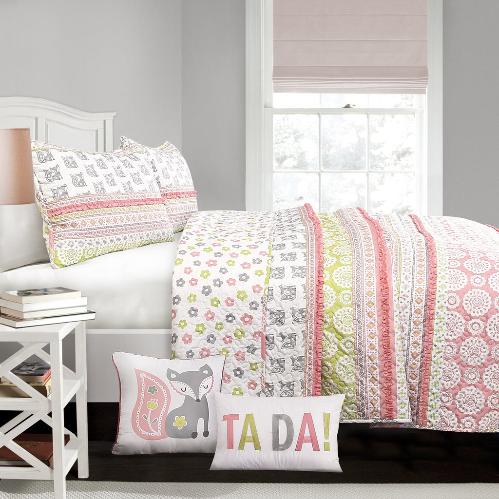 Fox Ruffle Stripe 4 Piece Quilt Set, Twin, Pink/Gray