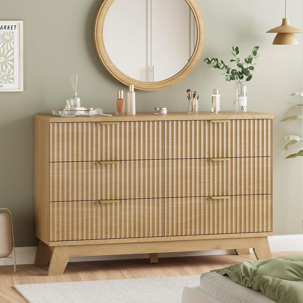 Fluted Dresser with 6 Drawers, 48" Wide Modern Chest of Drawers with Metal Handle, Wooden Dresser TV Stand, Wood