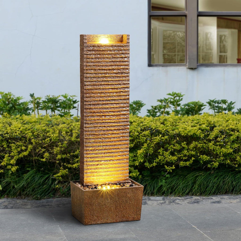 Ridged Texture Outdoor Water Fountain - Warm Glow Lighting with Built-in Electric Pump & Simple Setup, Brown