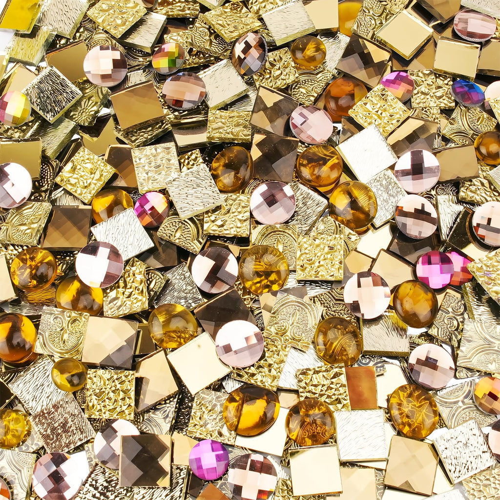 1000g 20MM Golden Mirror Glass Tiles for DIY Mosaic, Assorted Textured Square Tiles and Faceted Glass Gems in