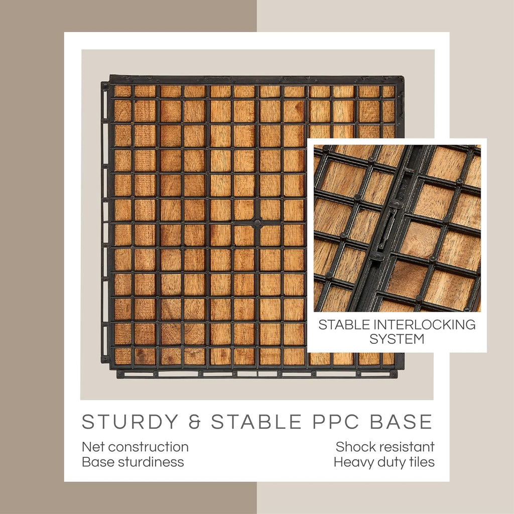 Premium Deck Tiles, Patio Flooring - Set 10 Pcs 12”x12”x0.9” Interlocking Deck Tiles, Waterproof Acacia Wood for
