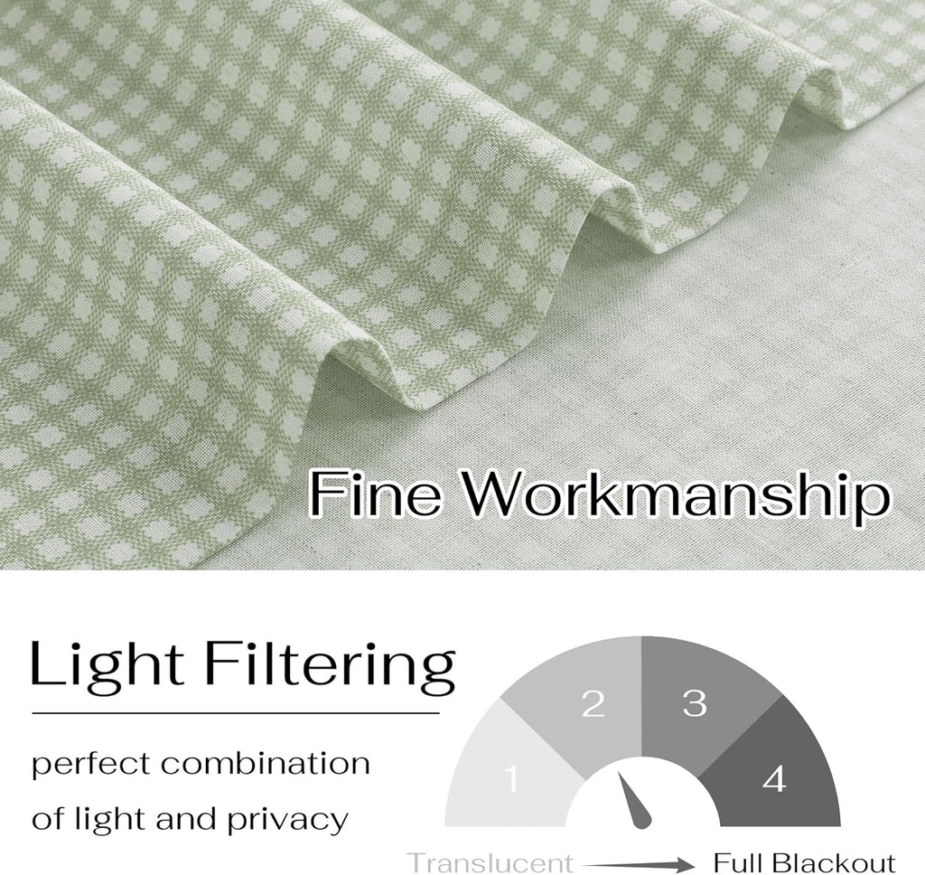 Sheer Linen Curtains 24 Inch Length, Light Green Plaid Cafe Curtains for Living Room Bedroom, Farmhouse Bathroom