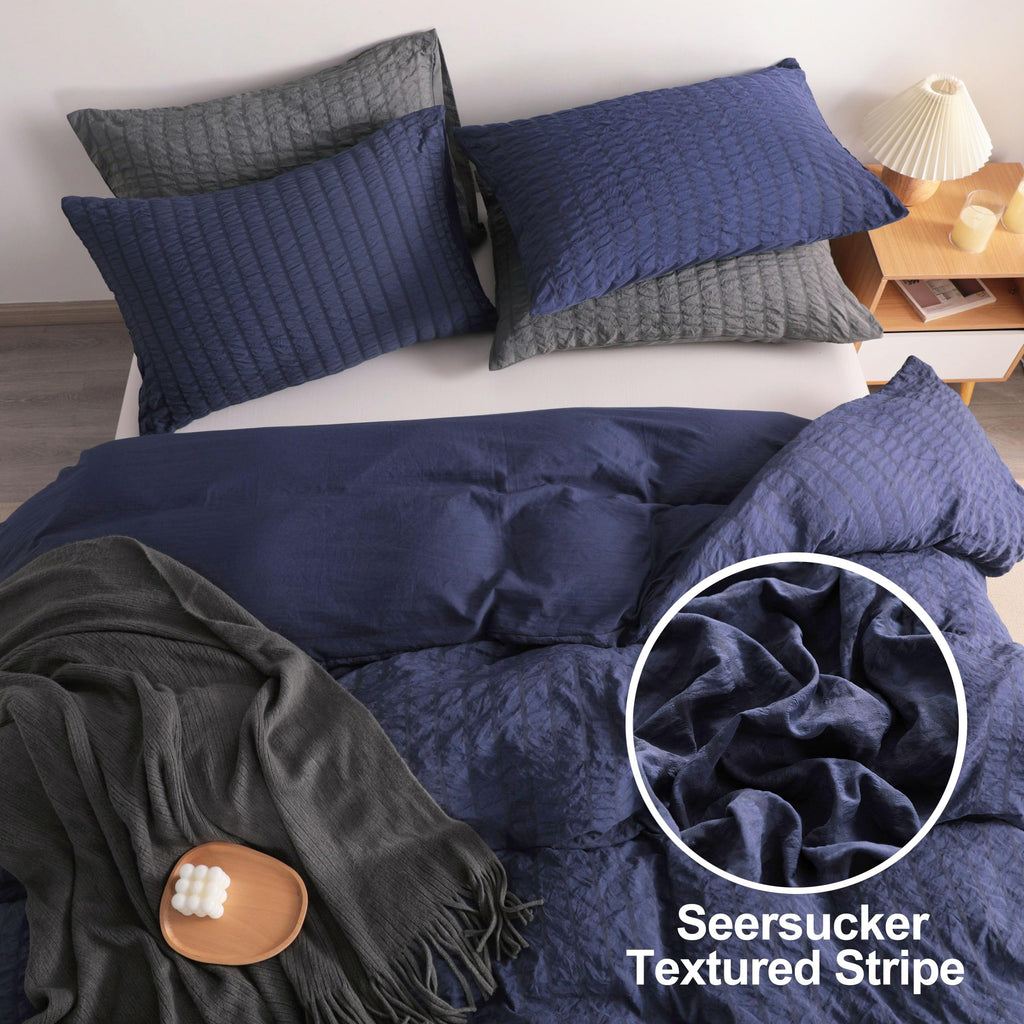 Duvet Cover Set - 2 Piece Seersucker Textured Stripe Washed Microfiber Bedding with Zipper Closure, Soft