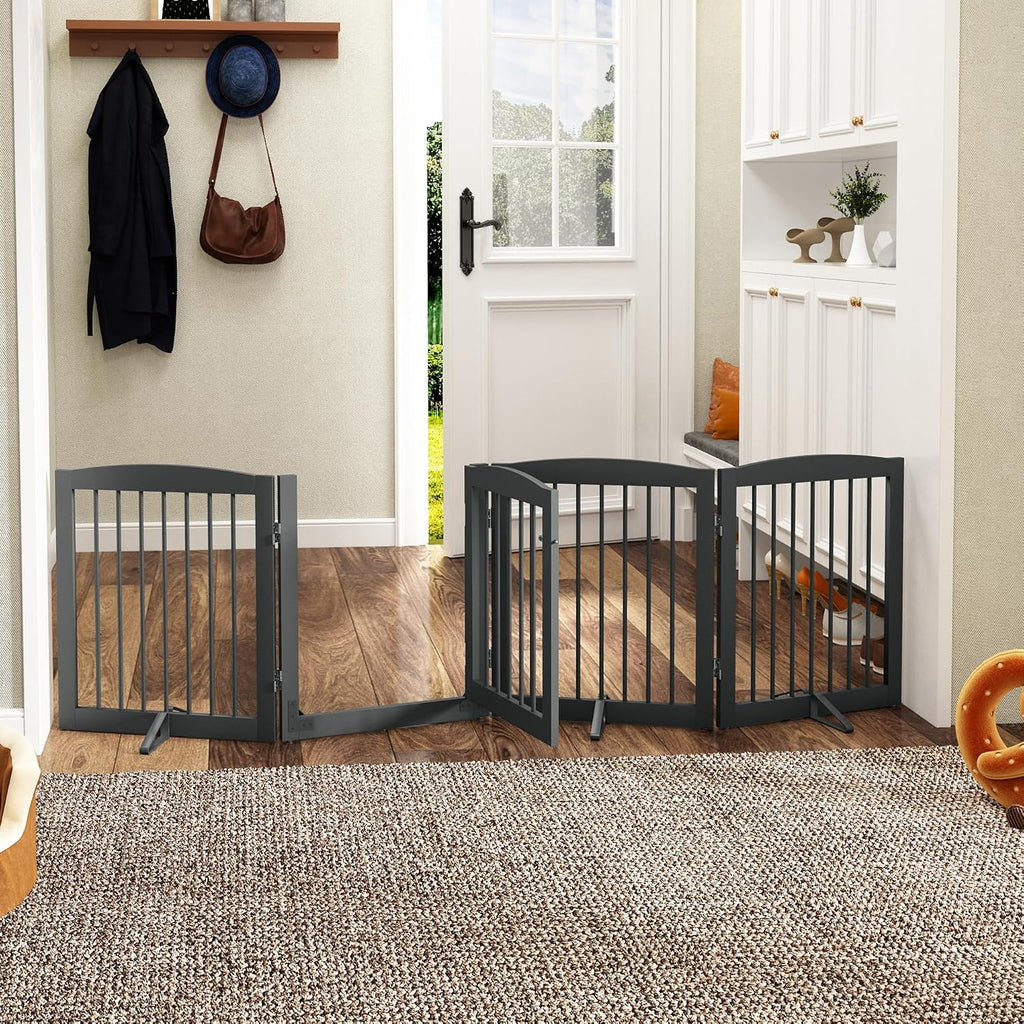 Freestanding Dog Gate with Door, Pet Gate for Stairs, 80 inch Wide Pet Barrier Indoor, Dog Fences Indoor, Support