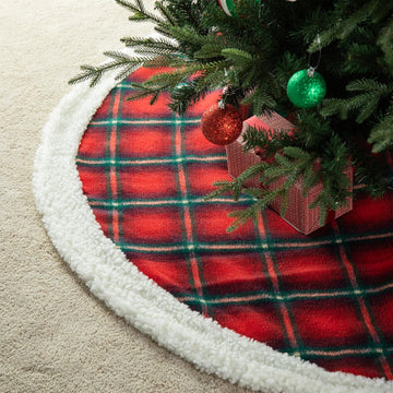 60 Inch Reversible Faux Fur Christmas Tree Skirt, Red Black Plaid Sherpa & Flannel Double-Sided for Christmas Party