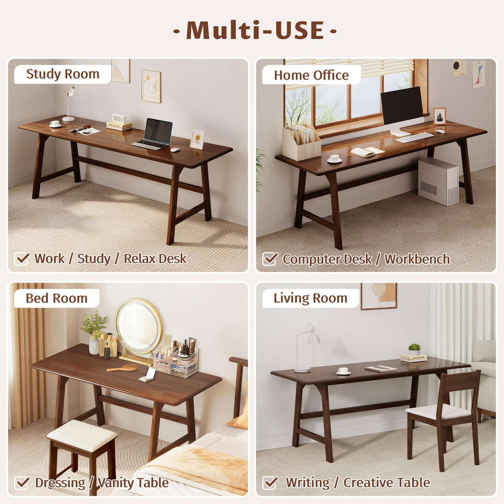 Solid Wood Writing Table - 72"W Minimalist Long Computer Desk, Walnut