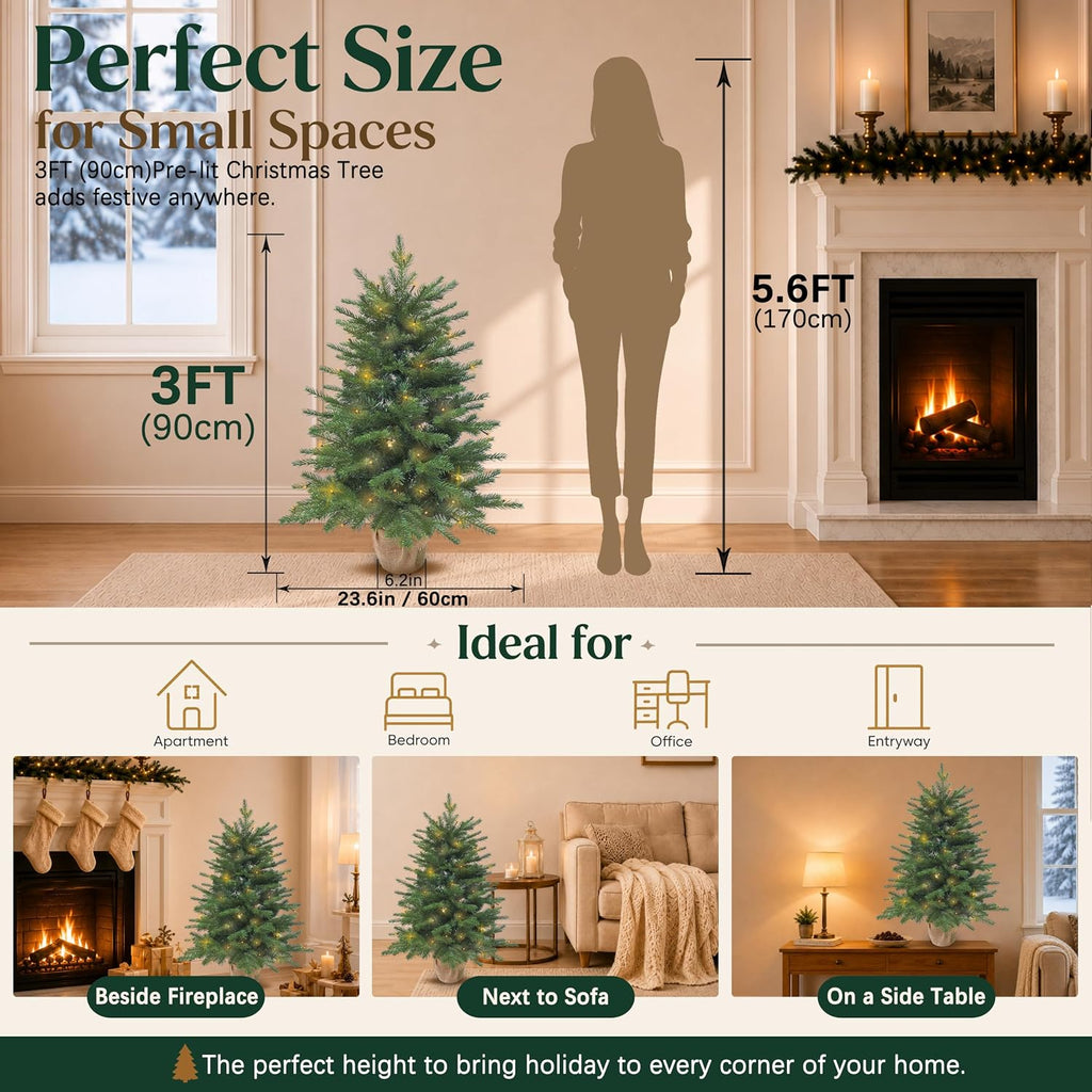3ft Pre-Lit Artificial Mini Christmas Tree, Battery Operated Xmas Tree