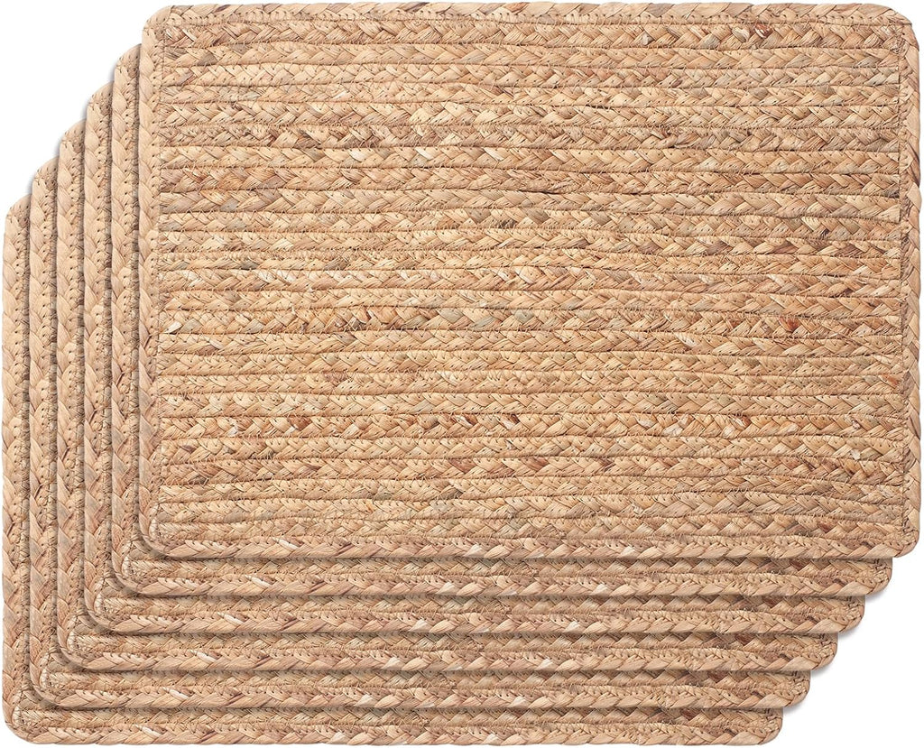 Woven Placemats Set of 6, 17" x 12" Rattan Table Mats, Natural Water Hyacinth Chargers for Dinner Plates, Wicker