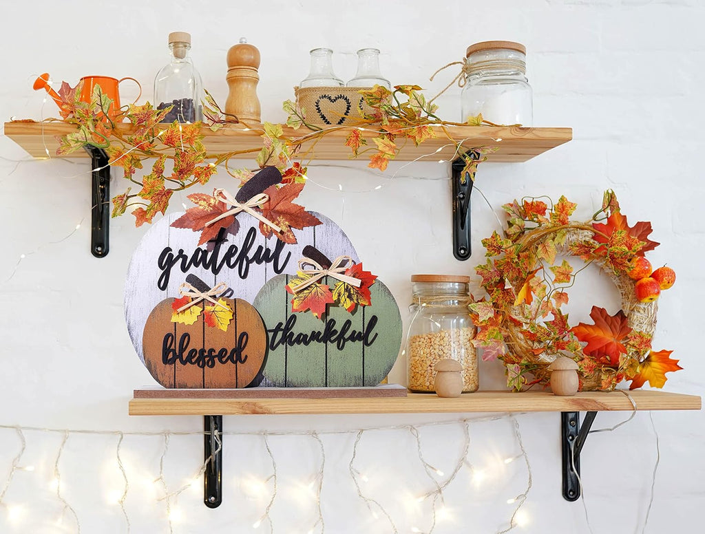 Fall Decorations Blessed Grateful Thankful Fall Decor Wooden Pumpkin Tabletop Signs Thanksgiving Farmhouse Living - Set of 3