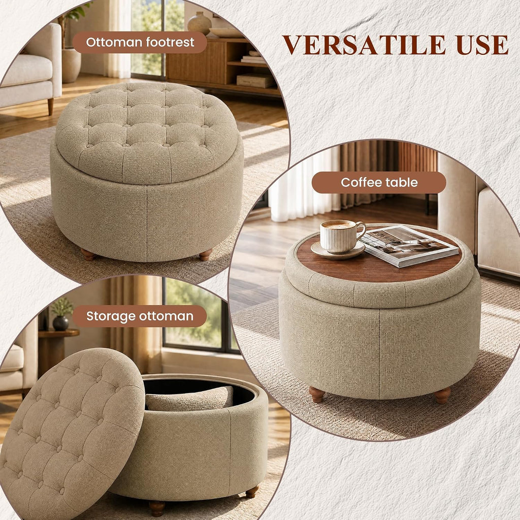 25Inch Round Storage Ottoman, Small Round Ottoman Coffee Table with Storage | Tufted Fabric Storage Ottoman with