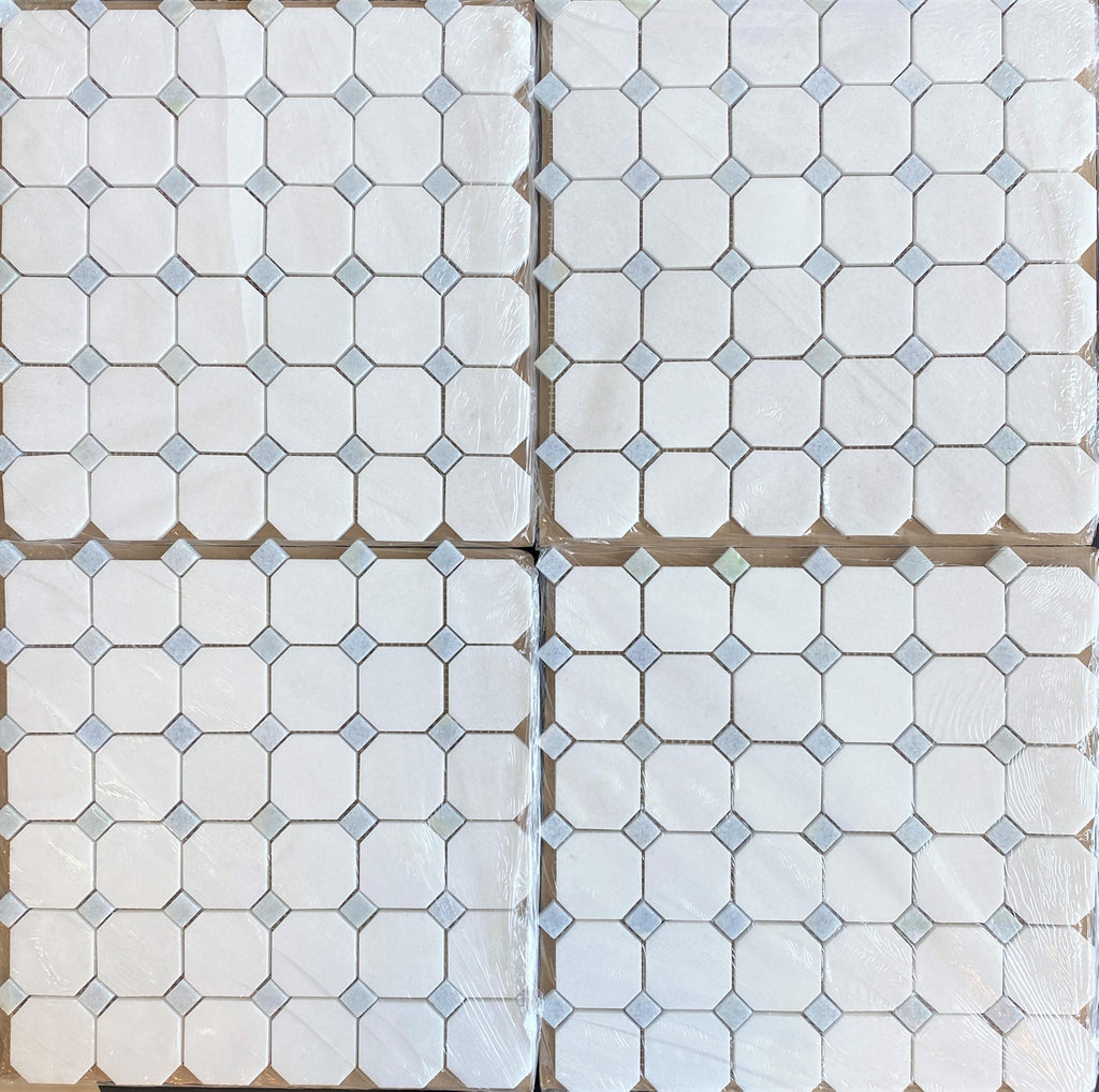 Of Thassos White Octagon and Blue Celeste Dot Marble Mosaic Wall and Floor Tile Backsplash, Bathroom