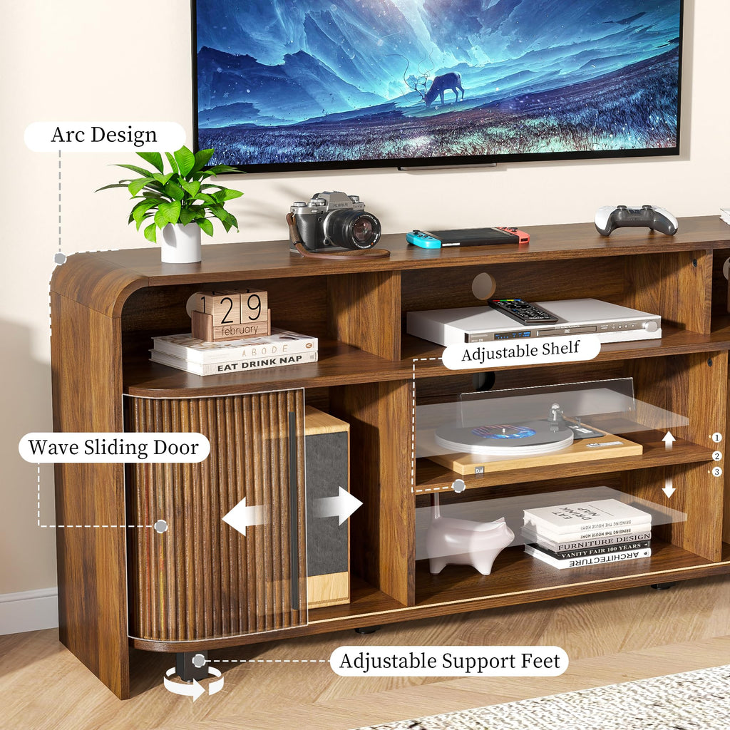 Walnut TV Stand for 65 70 75 Inch TV, Fluted Mid Century Modern TV Console with Sliding Doors, 63 Inch Entertainment