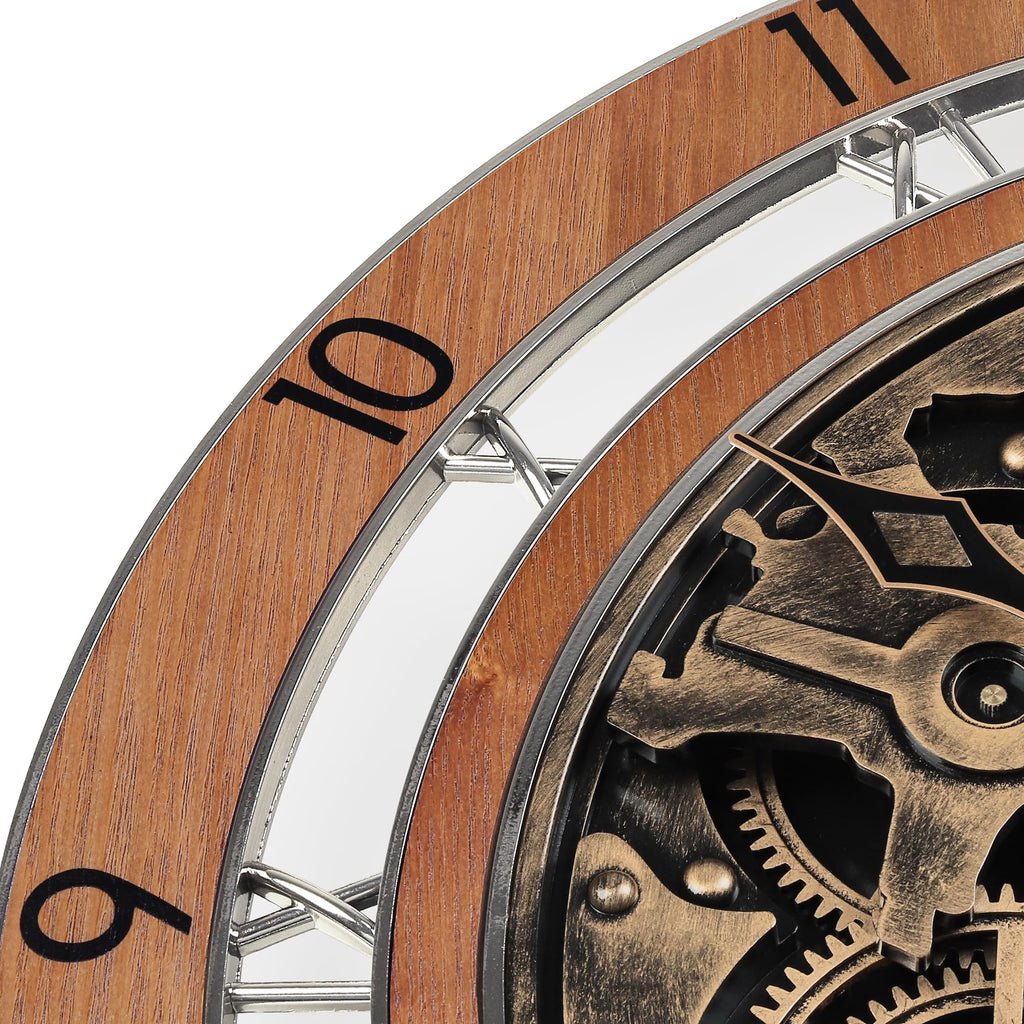 21 Inch Large Steampunk Wall Clock with Moving Gears Wooden Brown