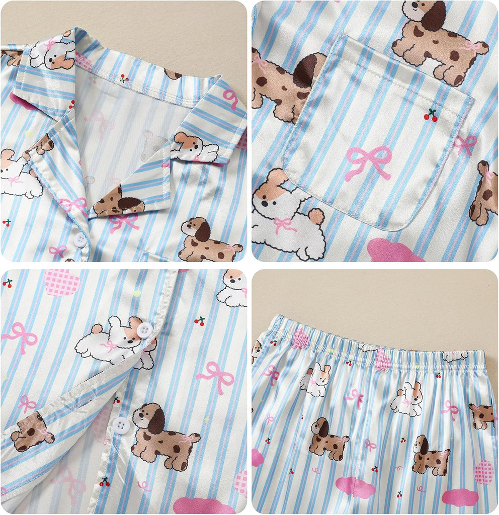 Girls Pajamas 3 Piece Satin Long Sleeve Long Pants with Shorts PJs Set for Girls Kids Sleepwear