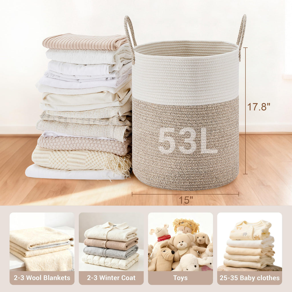 53L Tall Cotton Rope Laundry Basket with Handles, Brown
