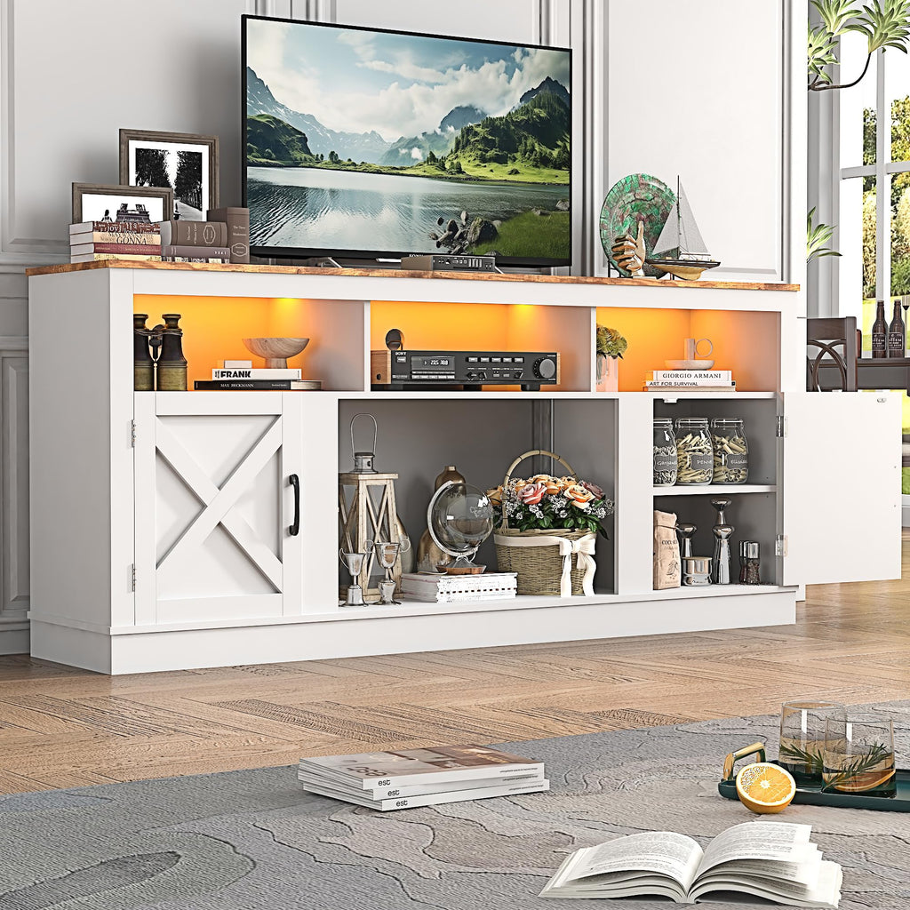 Farmhouse TV Stand for 70/75/80 Inch TV, 32"Tall Entertainment Center w/LED Light, Large Media Console Cabinet w/Barn