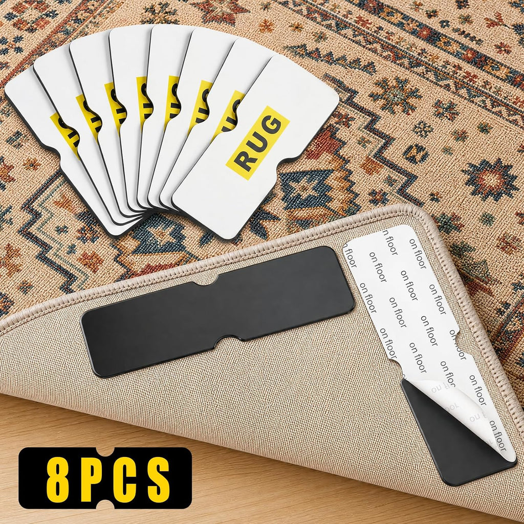 Rug Grippers for Hardwood Floors, No Damage Reusable Non Slip Rug Tape Pads, Washable Strong Adhesive Carpet Grippers - Set of 8