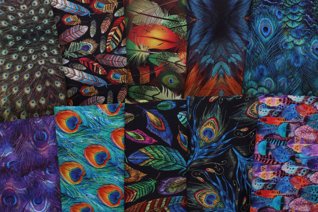 Feathers Cotton Fabric, Black/Multi Cut by The Yard