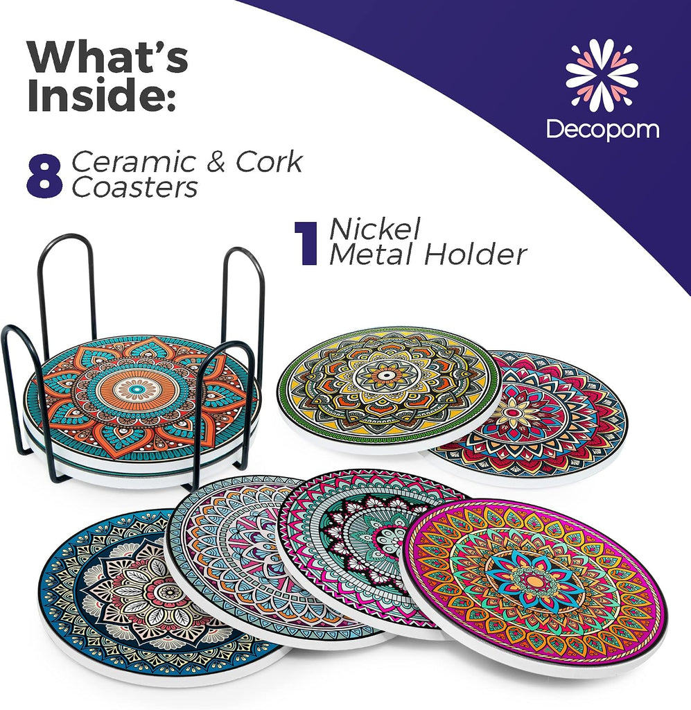 Mandala Drink Coasters with Holder - 8 Set Ceramic Boho Coaster for Drinks Absorbent with Cork Base and Black Holder - Set of 9