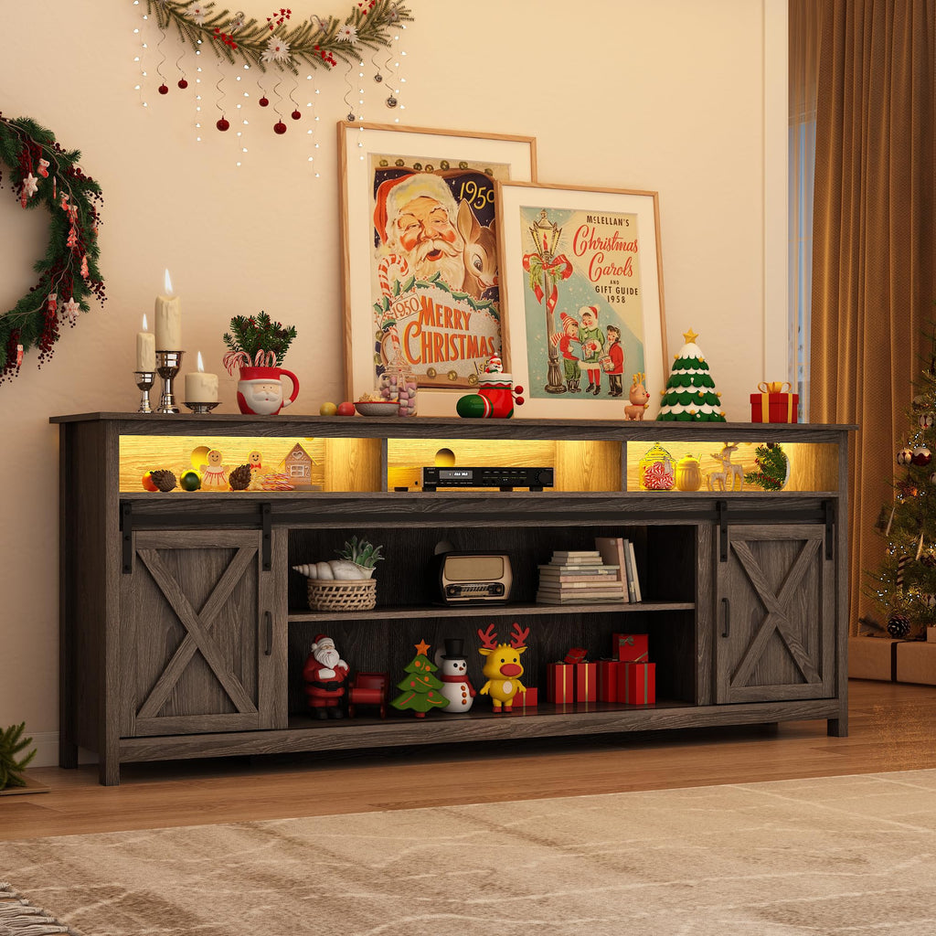 80" LED Farmhouse TV Stand for 90/85/80 Inch TVs, Tall Entertainment Center Storage Cabinets w/Power Outlets and