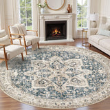 8' Round Area Rug Living Room Rugs - Washable Boho Rug Vintage Oriental Distressed Farmhouse Large T