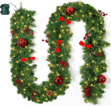 Christmas Garland with Lights, 9Ft Prelit Garland, 8 Light Modes & Timer
