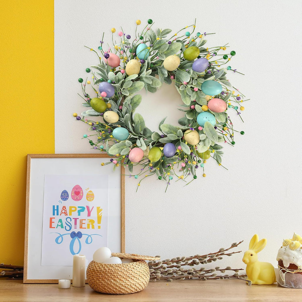20 Inch Artificial Easter Wreath Spring Wreath with Colorful Eggs Berries Flocked Lambs Ear Leaves for Front Door