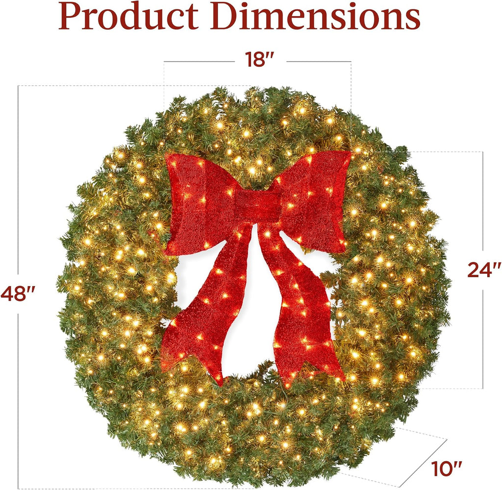 48in Large Artificial Pre-Lit Fir Christmas Wreath Holiday Accent Decoration for Door, Mantel w/Red Lighted Bow, 250