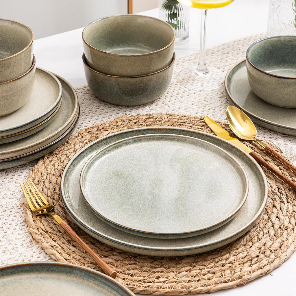 Stoneware Dinnerware Sets,Round Reactive Glaze Ceramic Plates and Bowls Sets,Highly Scratch Resistant | Dishwasher &