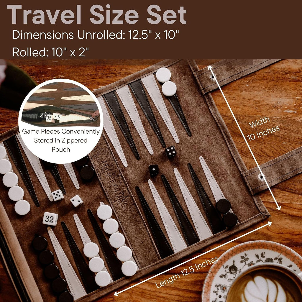 Roll-up Portable Leather Suede Backgammon Game Set - for Adults & Children
