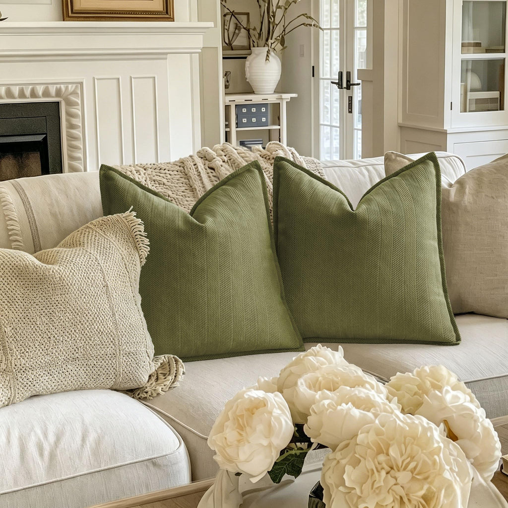 Olive Green Pillow Covers 20x20 Set of 2 Chenille Throw Pillow Covers with Elegant Design Soft and Luxurious