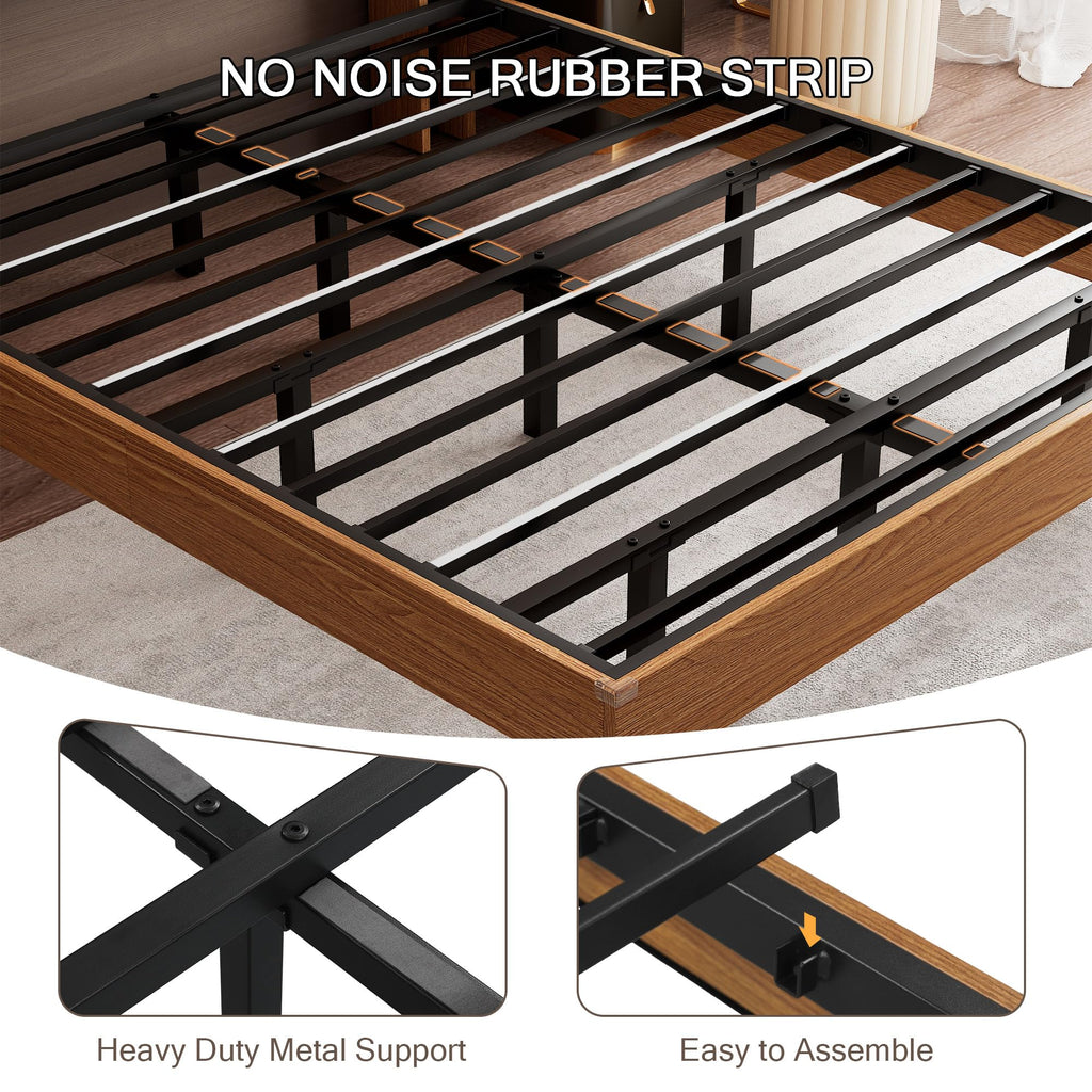 King Size Bed Frame with LED Lights & Charging Station - Wood Floating Bed Frame with Storage Headboard, Adhesive