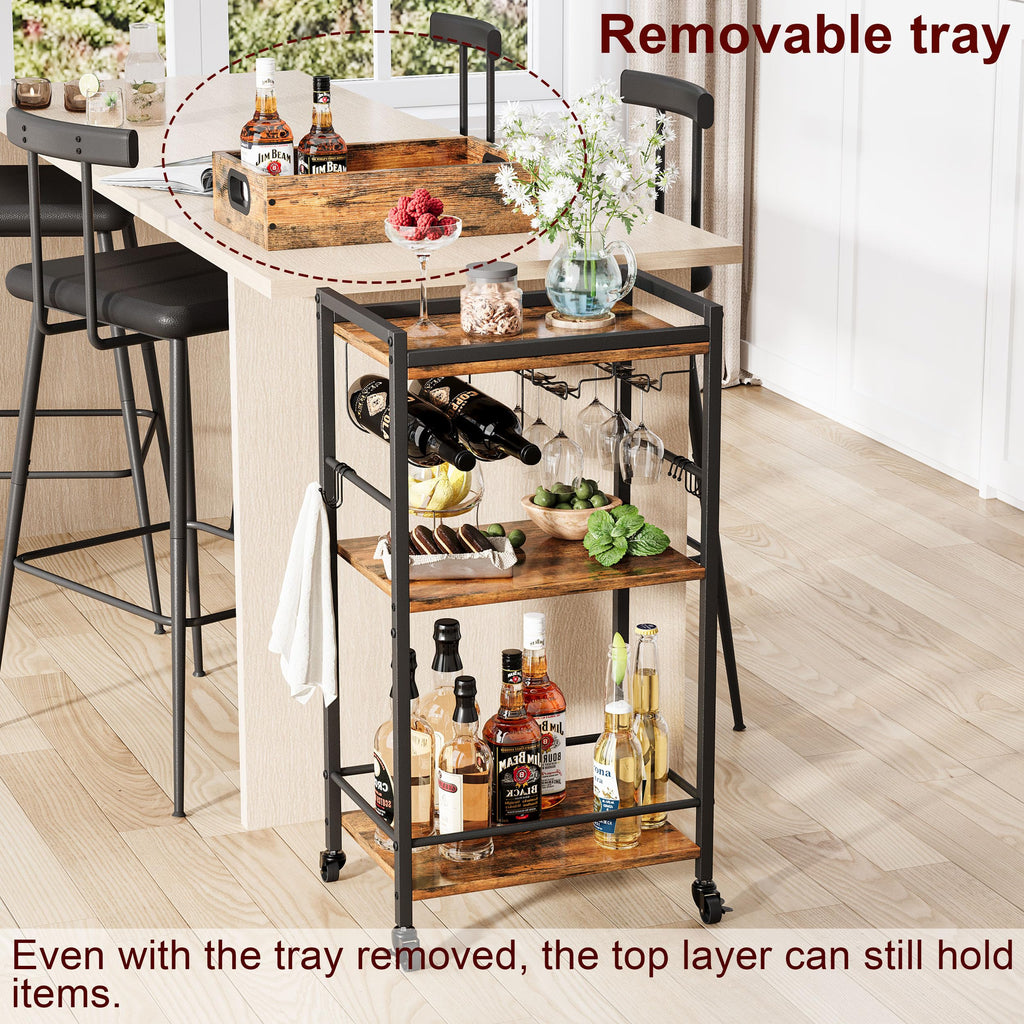 3 Tier Rolling Bar Cart with Wheels, Wine Cart with Removable Tray, Rustic Bar Carts Small, Drink Cart for Small