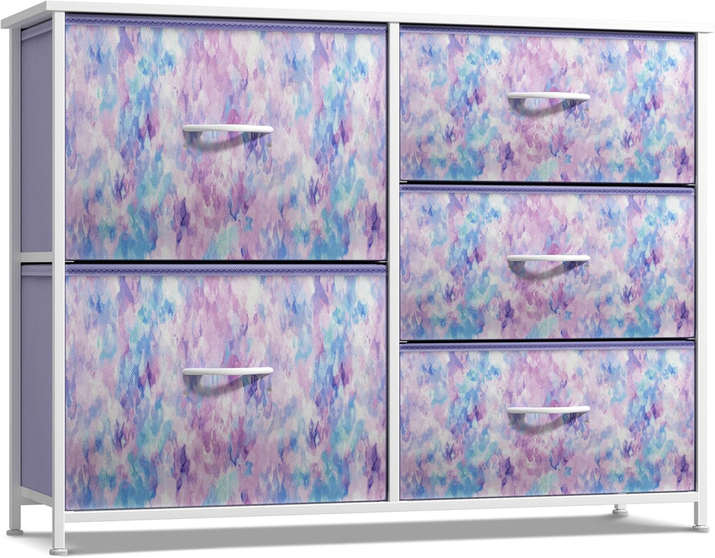 Kids Dresser with 5 Drawers - Storage Chest Organizer Unit with Steel Frame, Wood Top & Handles, Tie-dye Fabric Bins