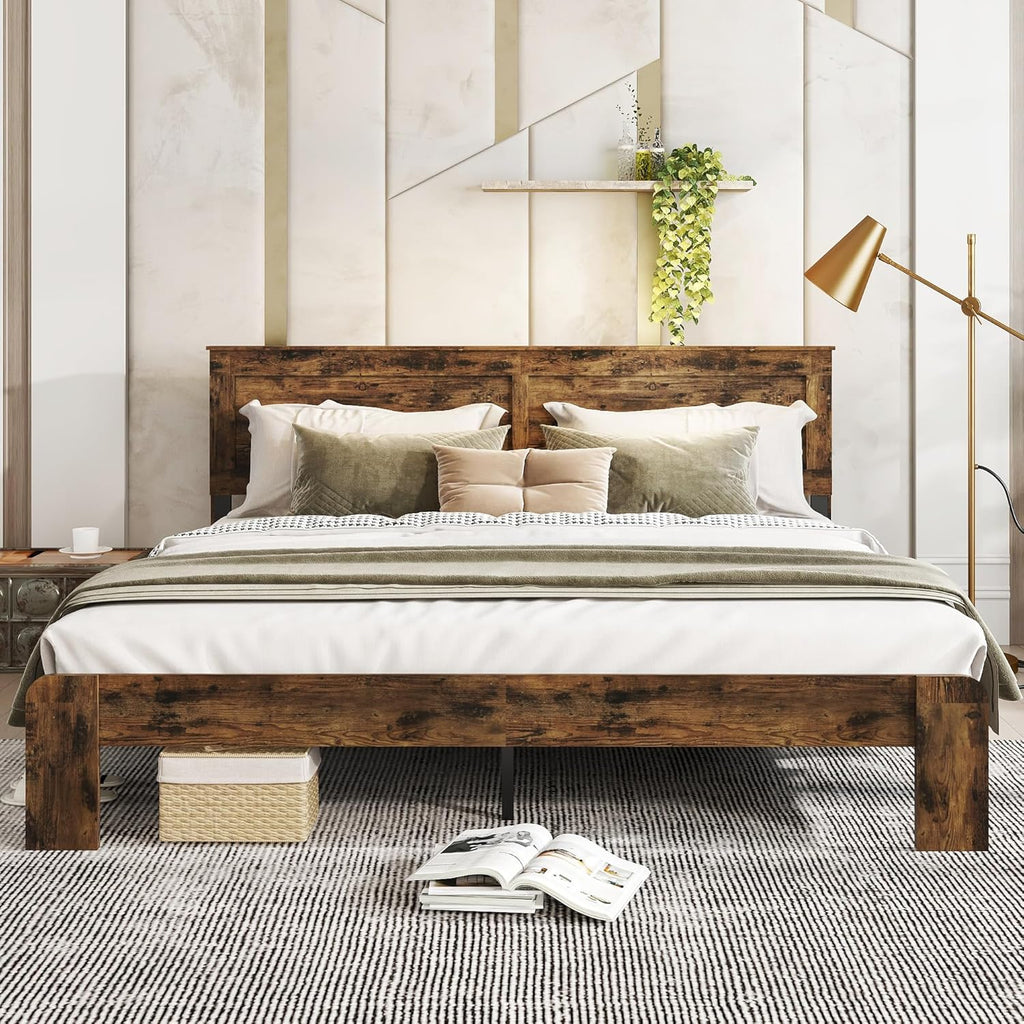 Rustic Vintage King Bed Frame with Headboard,Wooden Platform Bed Frame King with Wood Slats,Easy Assembly,Dark Brown