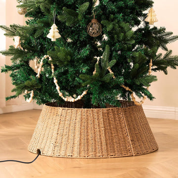 Rustic Farmhouse Christmas Tree Collar - Holiday Decorations - Natural Woven Wicker Tree Base Cover, Basket Ring for