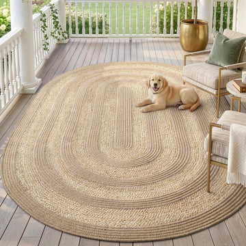 Oval Jute Rug 5x8, Indoor Outdoor Area Rugs , Natural Beige | Natural Fiber Handmade Woven Braided Low Pile Carpet