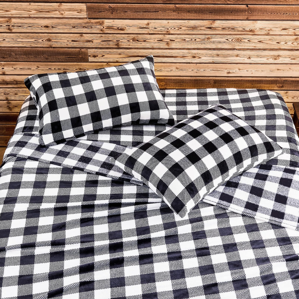 Plaid Flannel Sheet Set, Black and White, 3 Pieces