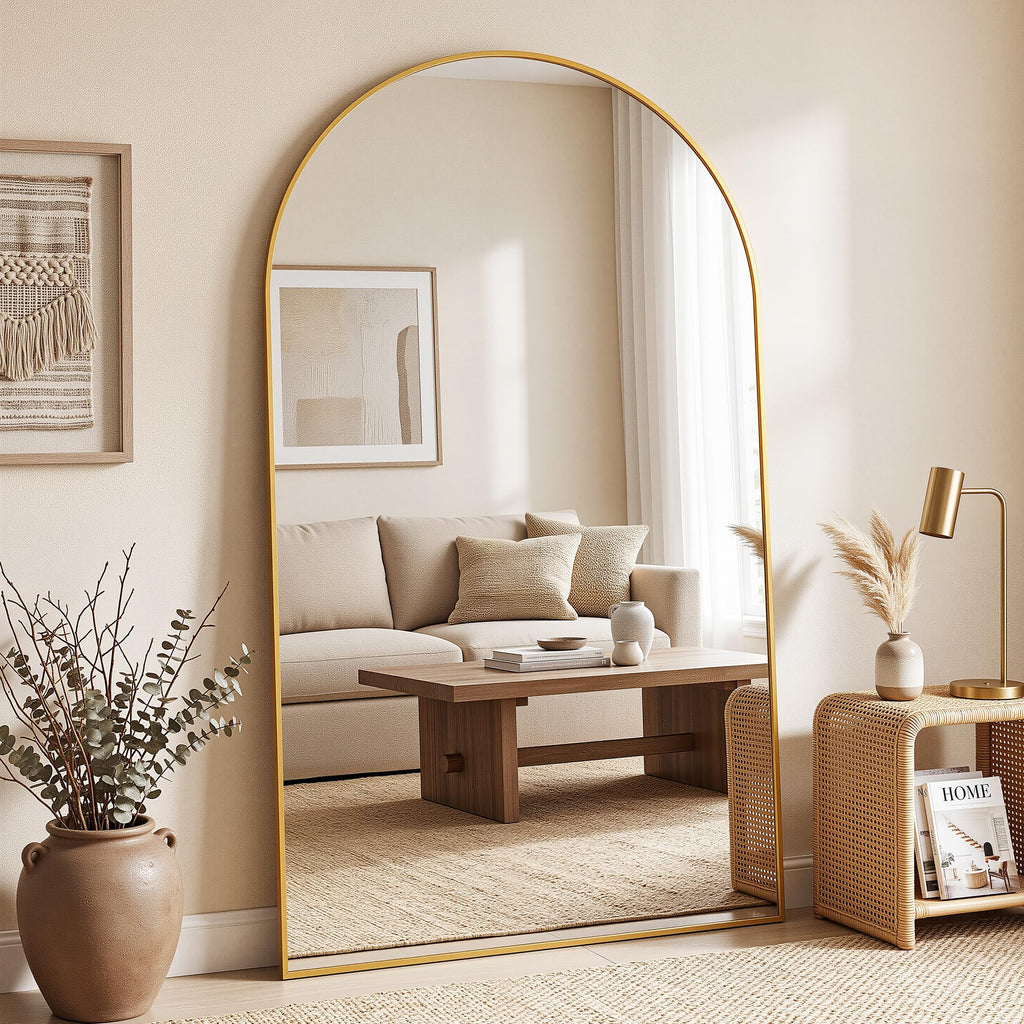 72" x 44" Arched Full Length Floor Mirror, Aluminum Frame, Gold