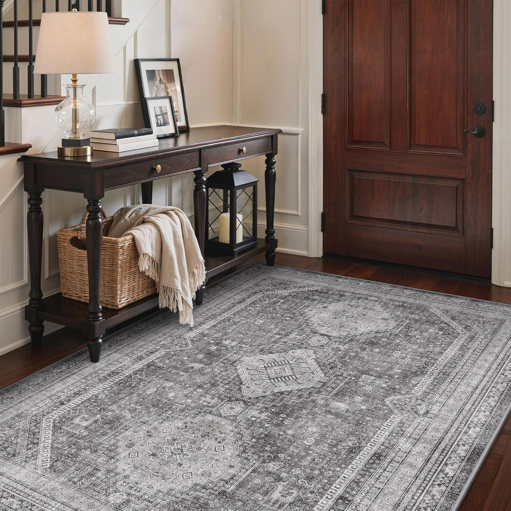 3x5 Vintage Area Rug, Machine Washable, Non Slip & Low Pile Lightweight for Living Room, Entryway, B