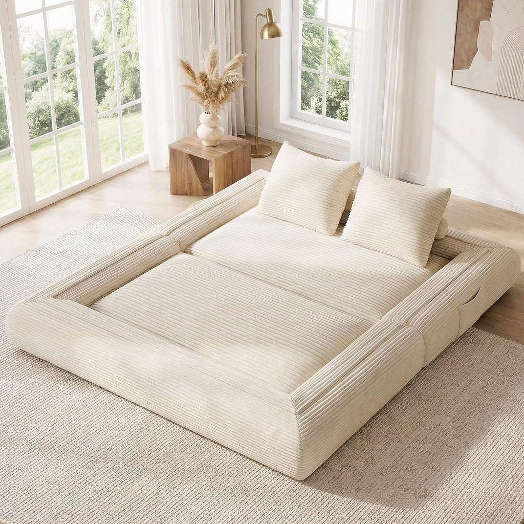 4-in-1 Convertible Folding Sofa Bed, 78"W x 68"L Queen Size Foldable Sleeper Sofa Bed, Wide Corduroy Upholstery