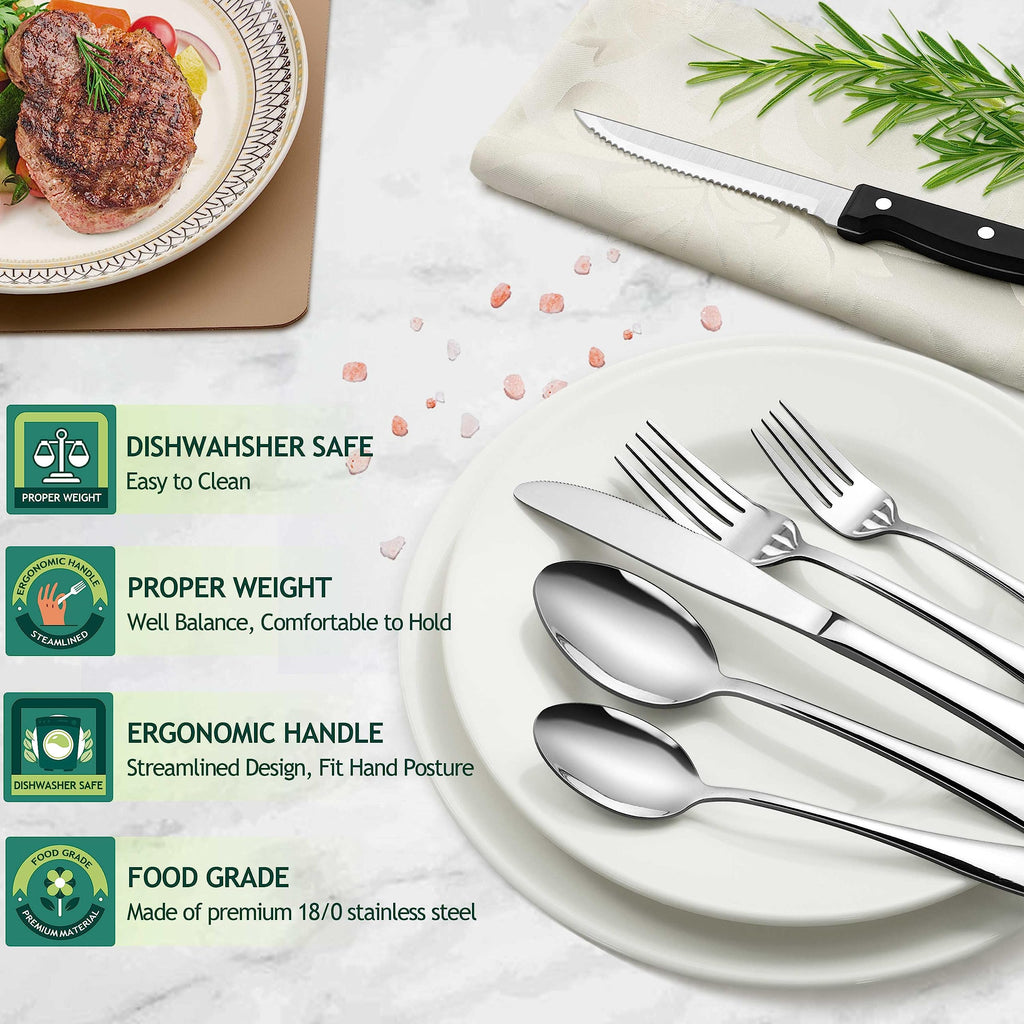 48-Piece Silverware Set with Steak Knives, Stainless Steel Flatware