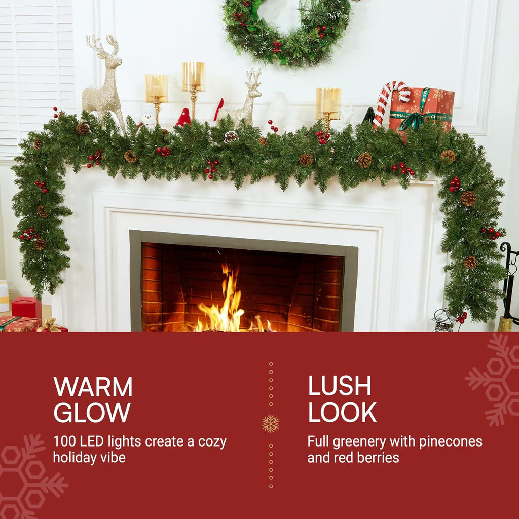 Prelit with Lights, 100 Warm White LED, 27 Pine Cones, 27 Red Berries Christmas Indoor and Outdoor Decorations