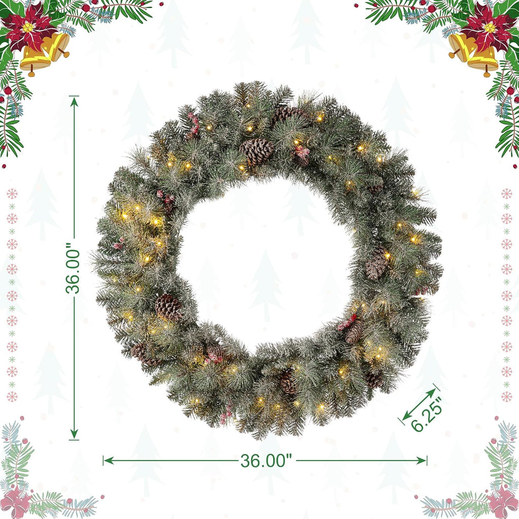 36" D Oversized Pre-Lit Glittered Pine Cone Christmas Wreath with 50 Warm White Lights, Artificial Wreaths