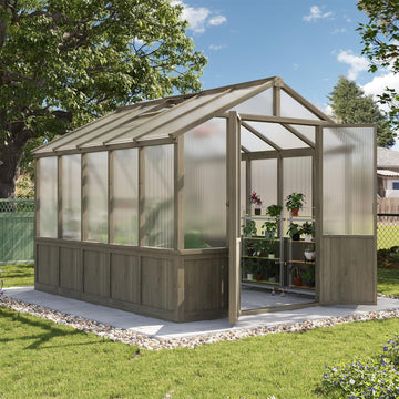 8x10 FT Wooden Greenhouse for Outdoors, 6MM Thick Polycarbonate Panel Walk-in Green House Kit with Adjustable Roof