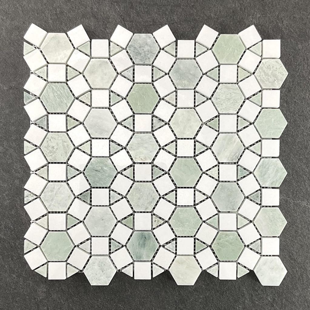 Ming Green Marble and Thassos White Novelty Mosaic Wall & Floor Tile (10 Sheets)