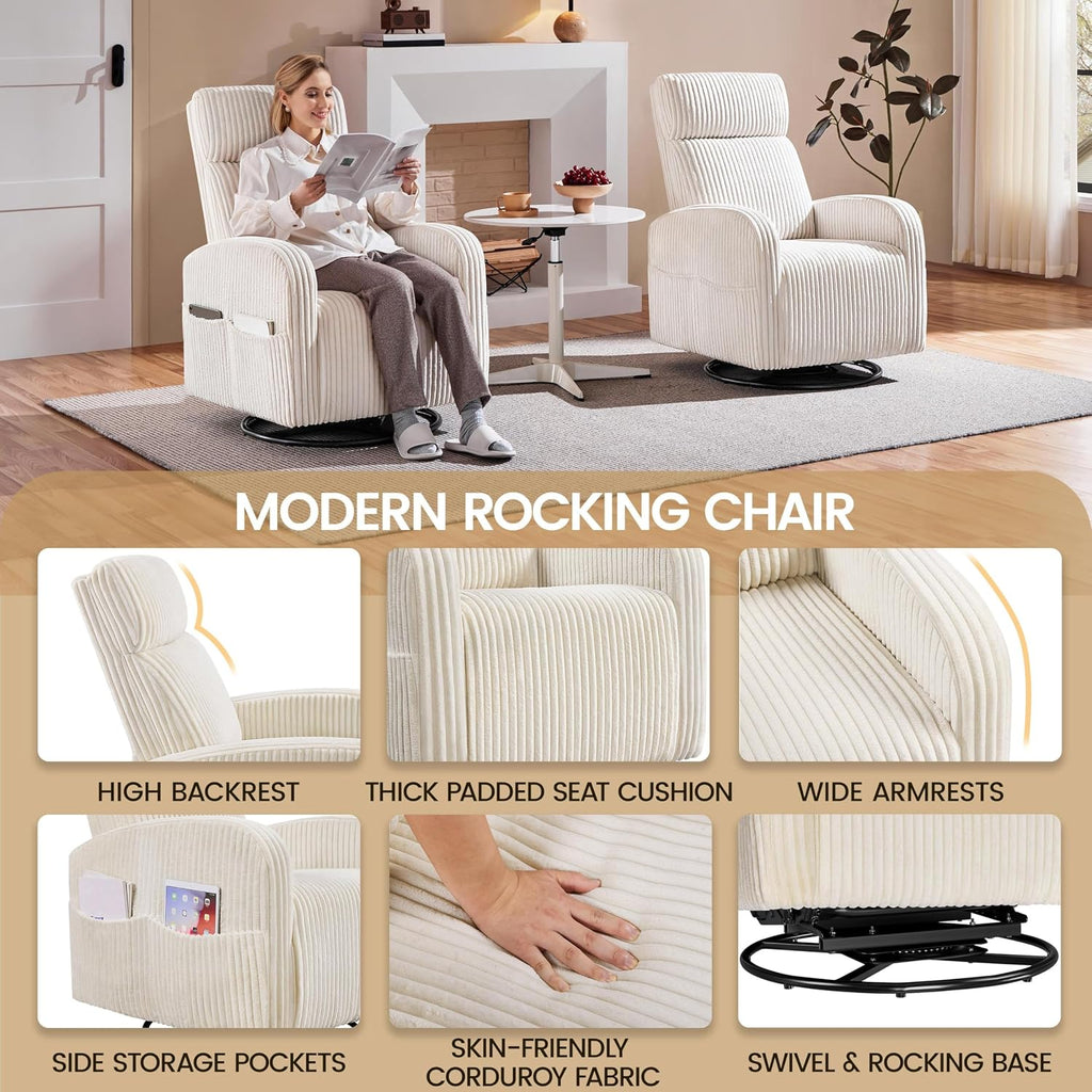 360° Swivel Nursery Rocking Chairs, Glider Rocker with Side Pockets, upholstered Rocking Chair Reading Chairs , Beige