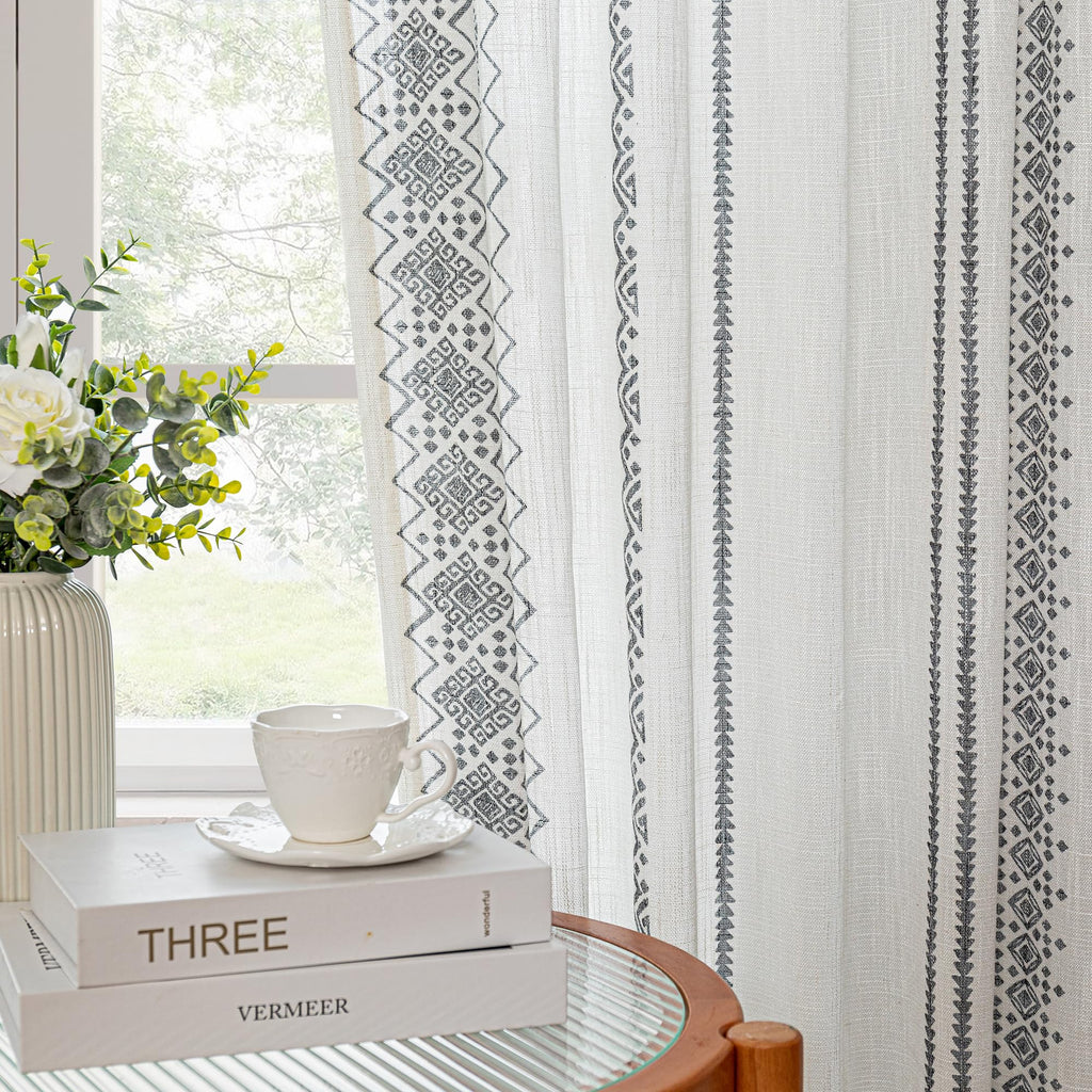Boho Curtains 84 Inches Long Bohemian Geometric Printed Linen Style Curtains Light Filtering Rod Pocket Window Back